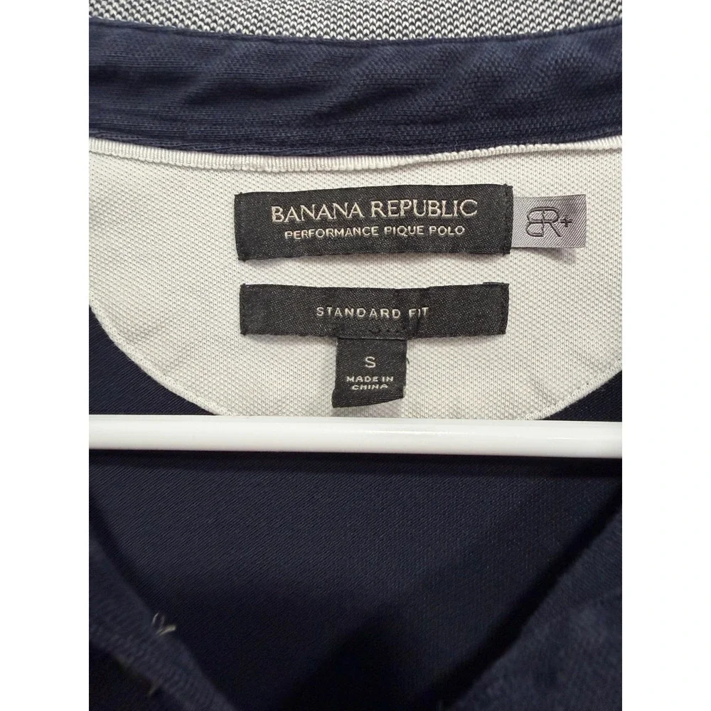 Banana Republic Mens Performance Pique Polo Navy Blue Striped Trim Small